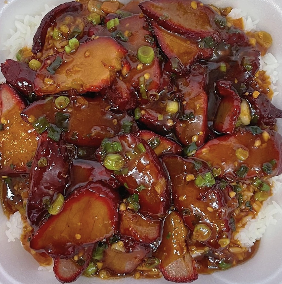 Bowl of Chinese food over rice